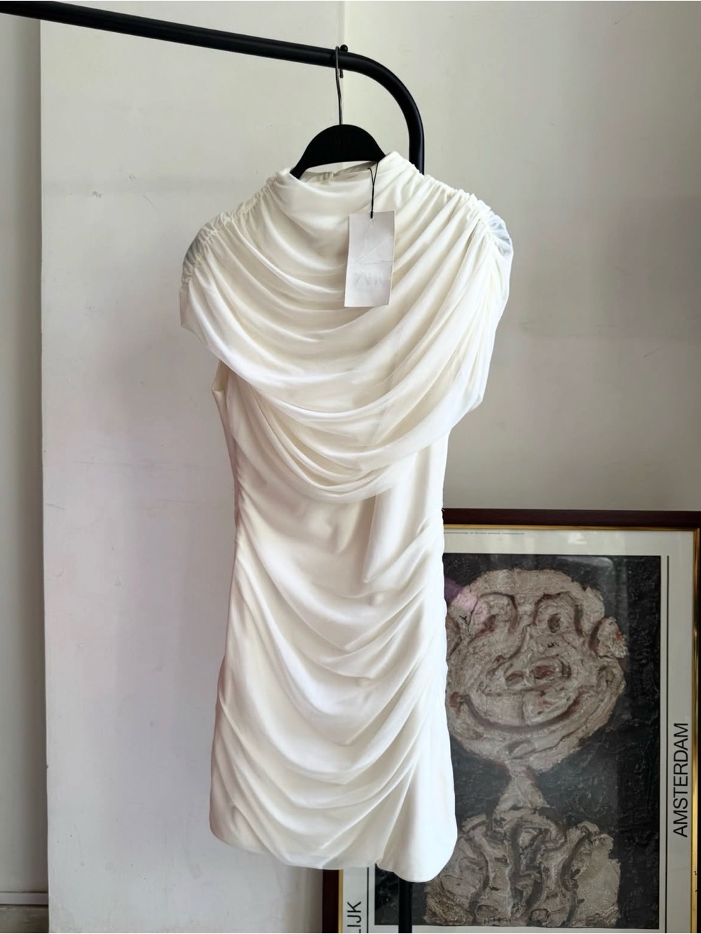 Zara Cream Draped High-Neck Ruched Mini Dress